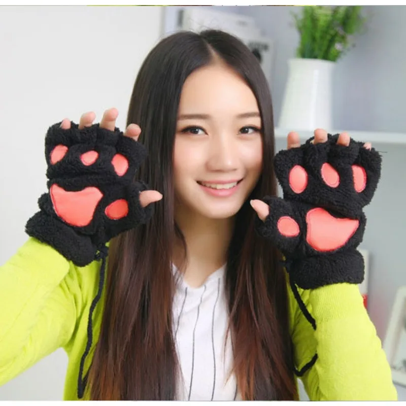 Winter Cute Cartoon Cat Girl Open Finger Cat Claw Warm Gloves Thickened Plush Bear Palm Half Finger Gloves