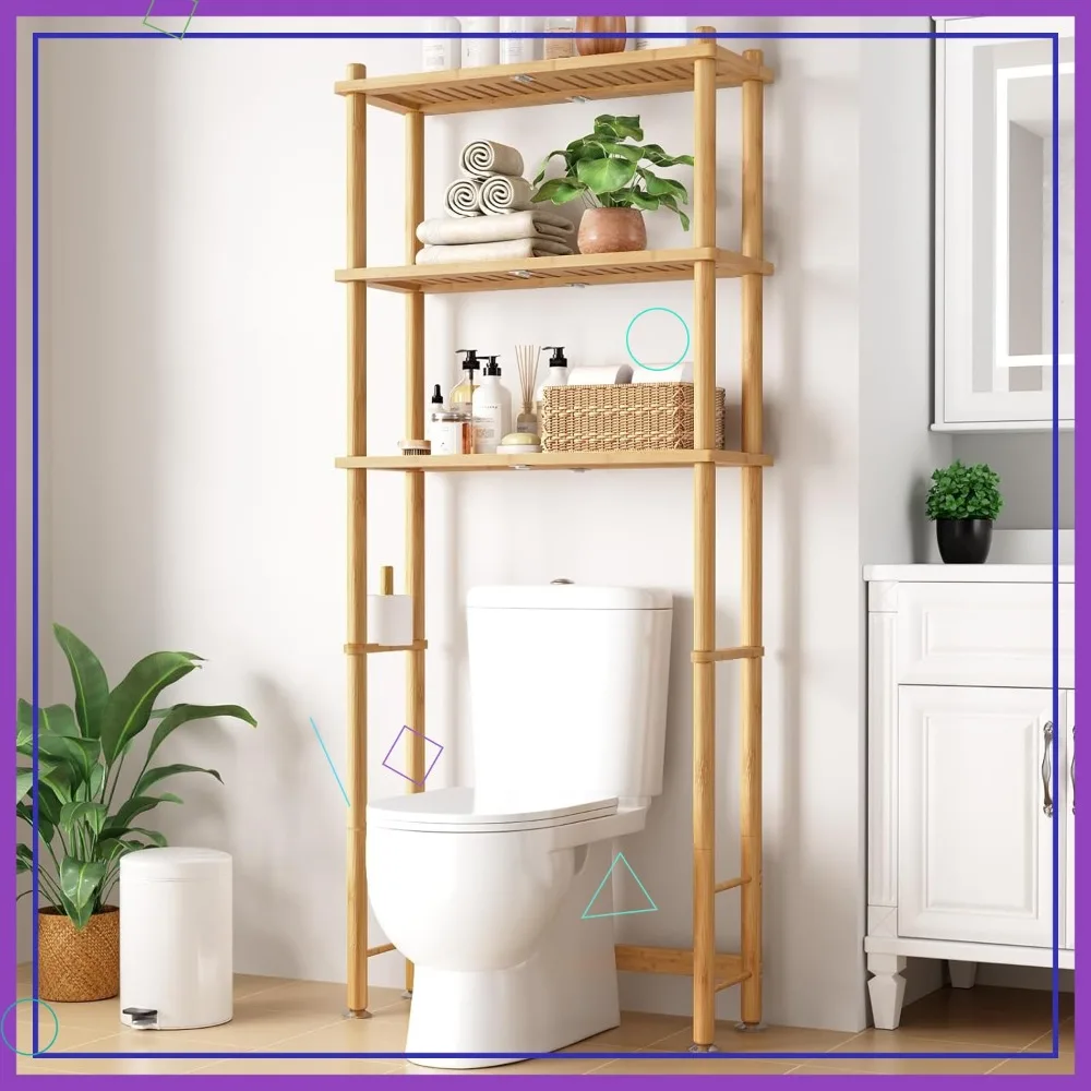 

3-Tier Bamboo Over Toilet Shelf with Paper Holder, Bathroom Organizer for Storage, Natural Finish, Wall Anchor Included