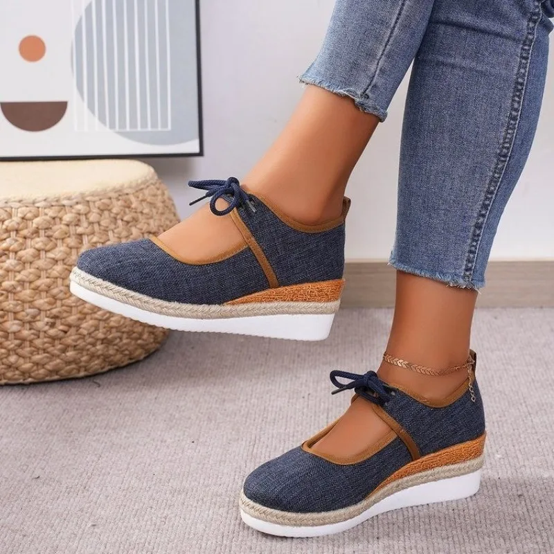 Sepatu hak tinggi Microfiber nyaman, sepatu Wedges sol renda, sepatu wanita Wedges padat baru 2024