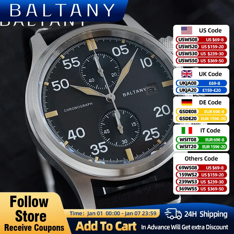 Baltany Solar Vintage Military Wristwatches Sapphire Luminous Leather 10ATM Stainless Steel Pilot Calendar Chronograph Watches