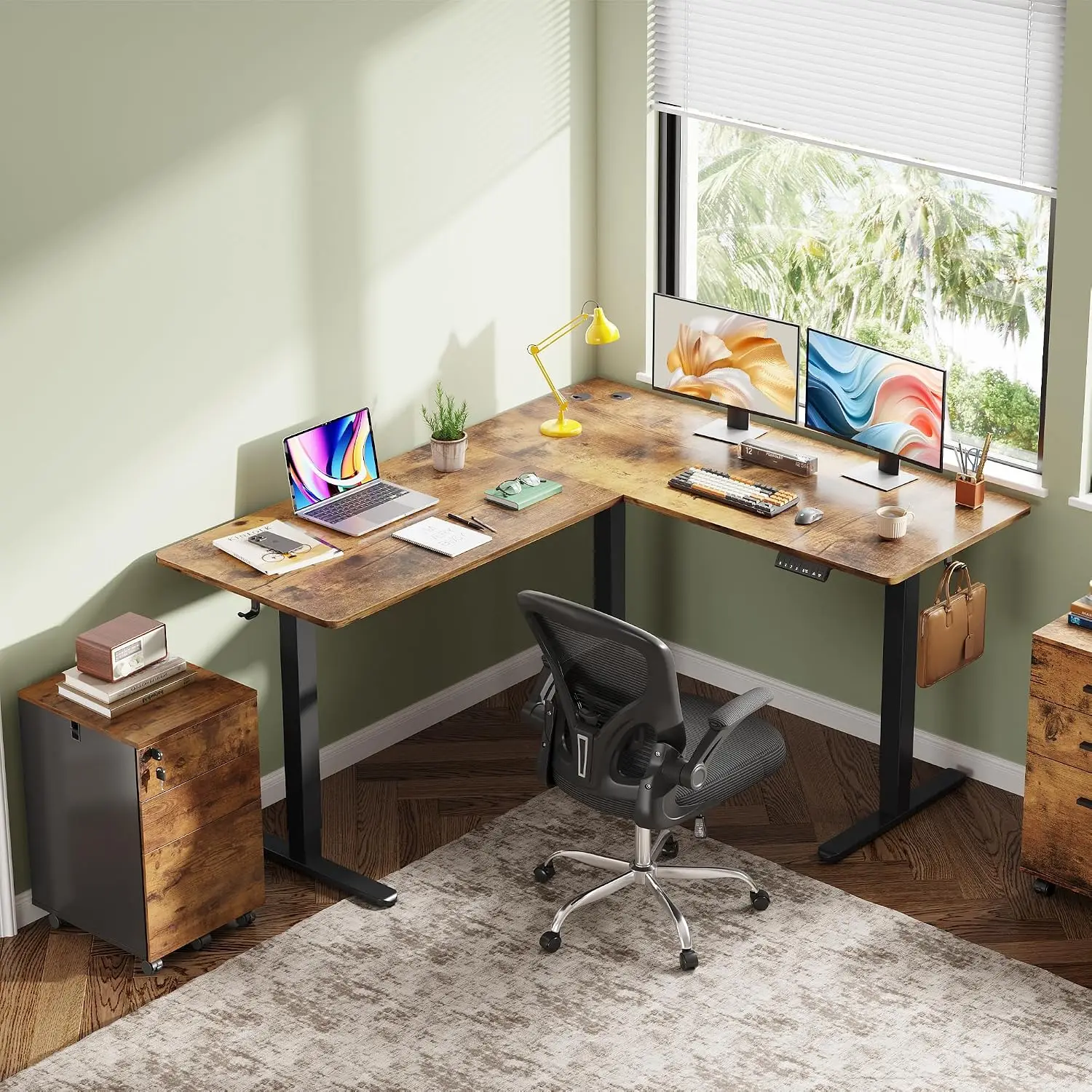 L Shaped Standing Desk, 63 Inch Computer Desk, LED Touchscreen & Headphone Hook, 3 Memory Preset, for Home Office, Customized