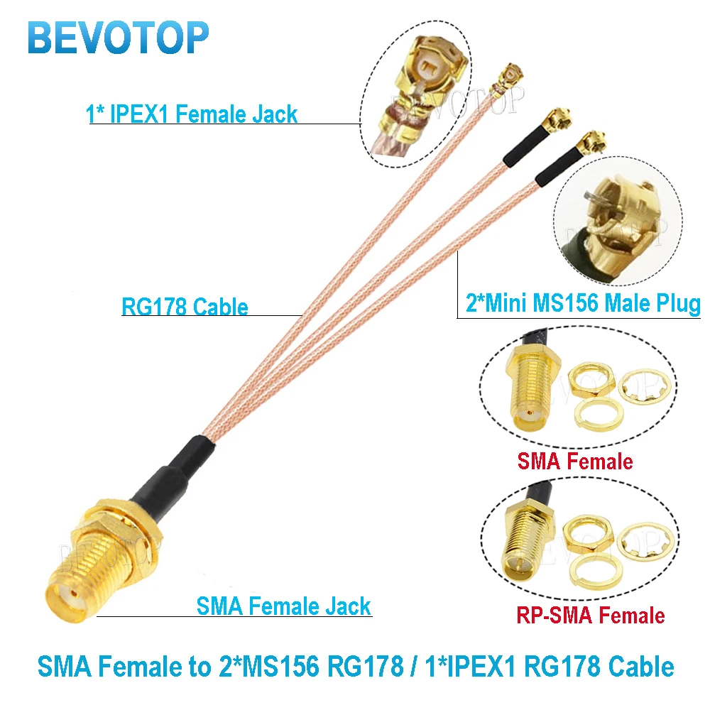 10Pcs/lot New SMA to  Splitter Cable RP-SMA / SMA Female to 2x Mini MS156 Male +1x  1 Female RG178 Pigtail Jumper