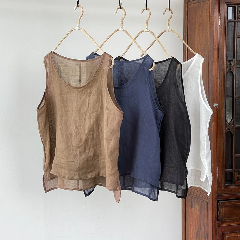 

Women Summer Casual Tank Tops New Arrival 2025 Vintage Style Solid Color Cotton Linen Female Sleeveless Basics Tops Tees M479