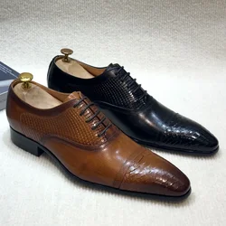 Men's Italian Style Luxury Genuine Leather Derby Shoes Pointed Toe Handmade Formal Oxford Lace-up Brogues