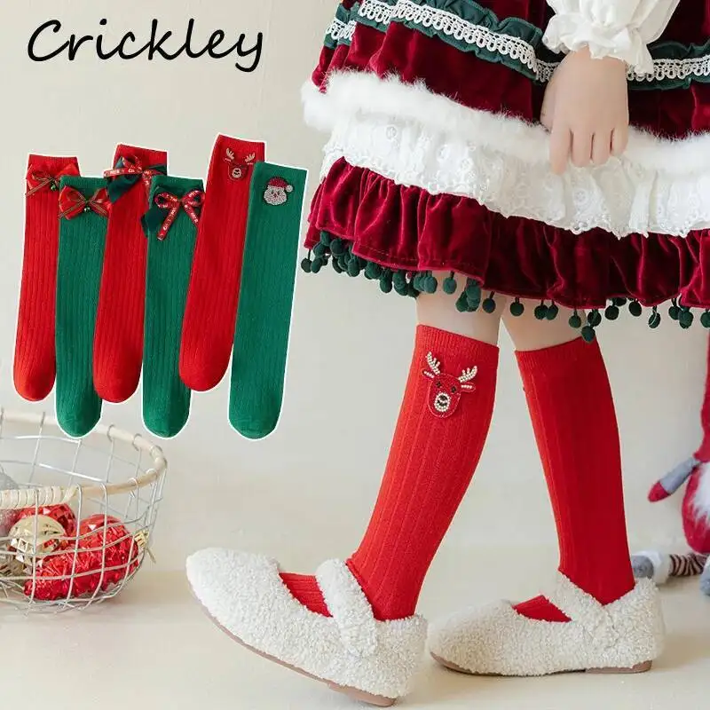 

Children Christmas Socks Bow Bling Santa Elk Cartoon Girls Stockings Princess Bow Bell Solid Knitted Kids Stockings