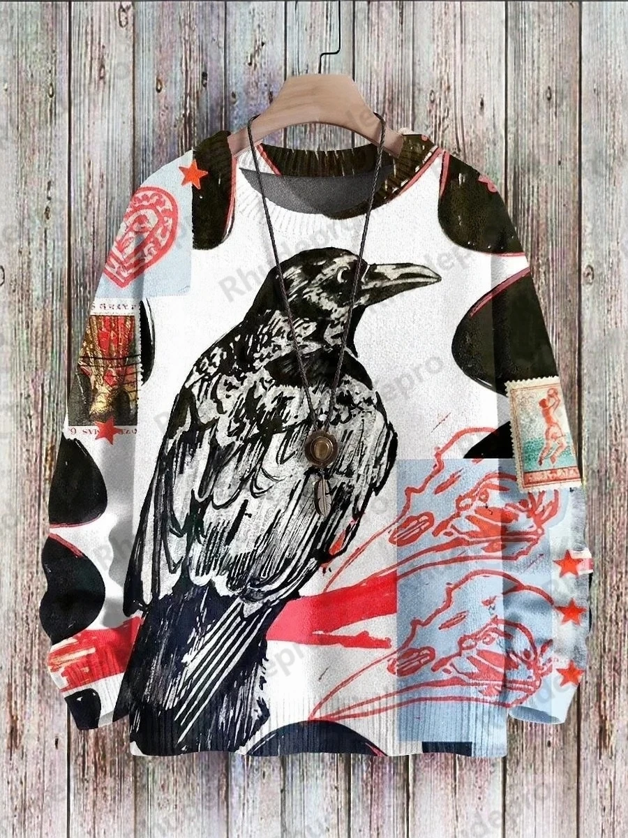 Crow Art Print Pullover Knitted Sweater Women For Men Sweater Halloween Roupas Masculinas Turtleneck sweater