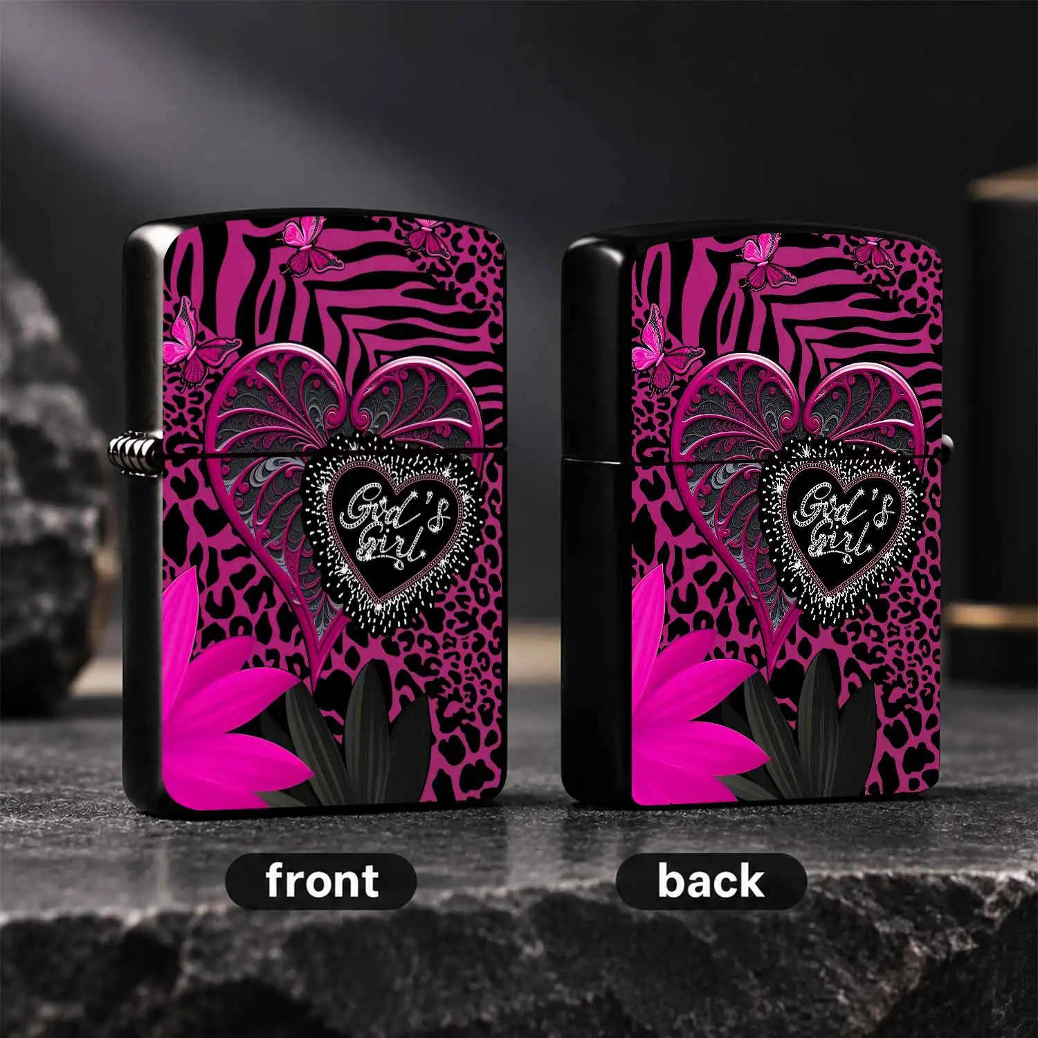 Trendy Fuchsia Leopard Zebra Print Portable Lighter, Ornate Filigree Heart With Sparkling God's Girl Lettering, Vivid Butterflies Bright Flower Accent, Stylish Daily Carry Accessory, Ideal For Gifting And All Occasion Us A Humorous And Inte