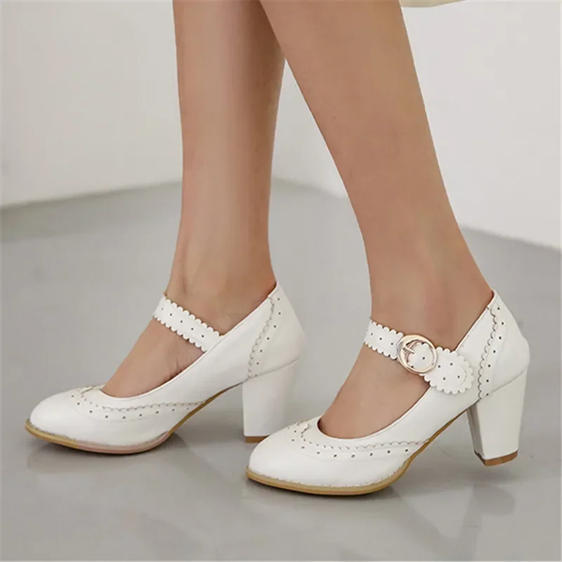 2024 Fashion Womens Shoes Blue Pink Red Black Block Women Heels Mary Jane Party High Heel Shoes Plus Size 32-43 Pumps