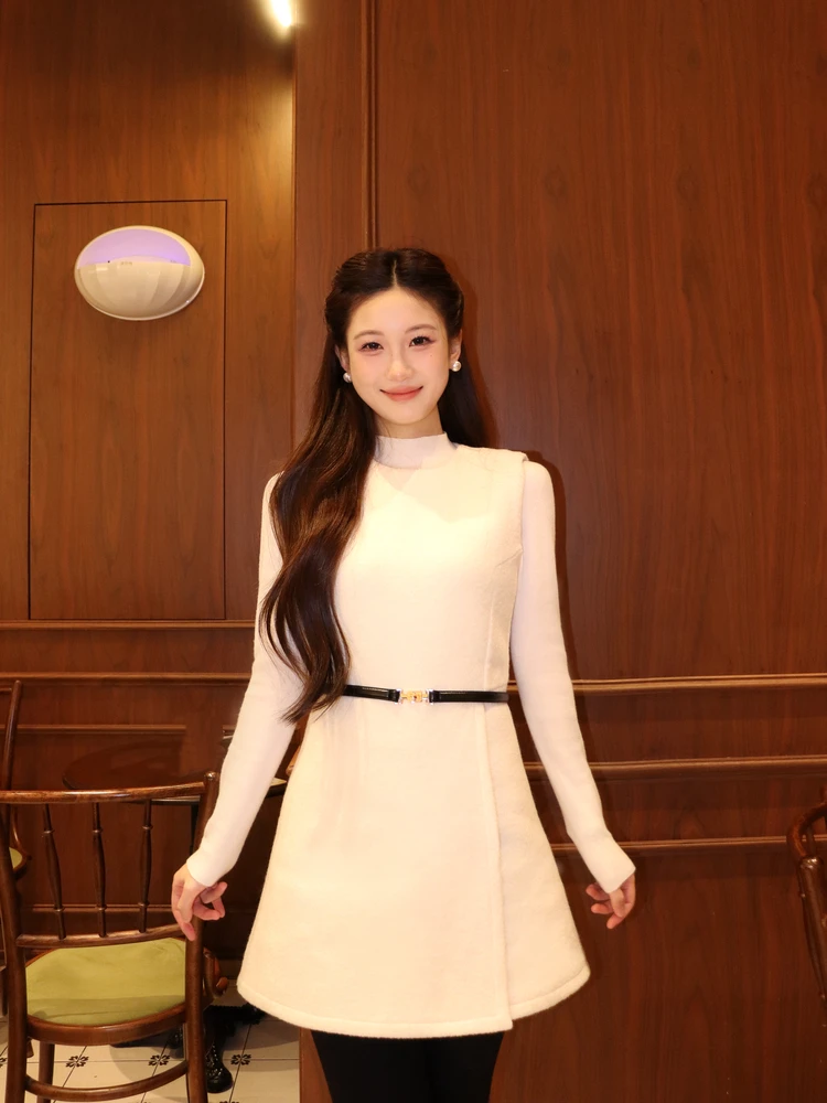 

Зимний шерстяной жилет Ele с поясом, в стиле Rich Girl, средней длины, модный комплект для женщин, в стиле Empire/Princess