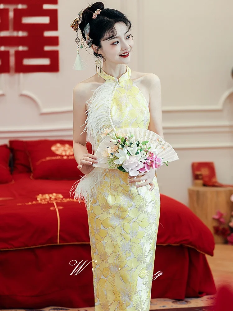 

Yellow Wedding Dr Chinese Sle New Bride Gown Engagement Ceremony Long Evening Gown Women's Faion Retro Sle Polyester