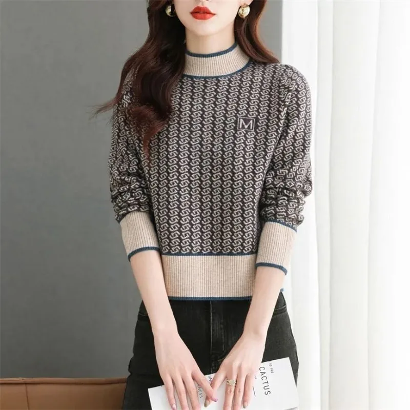 Autumn and Winter Women\'s Contrast Color Half High Collar Long Sleeve Short Sweaters Jumpers Vintage Fashion Casual Tops