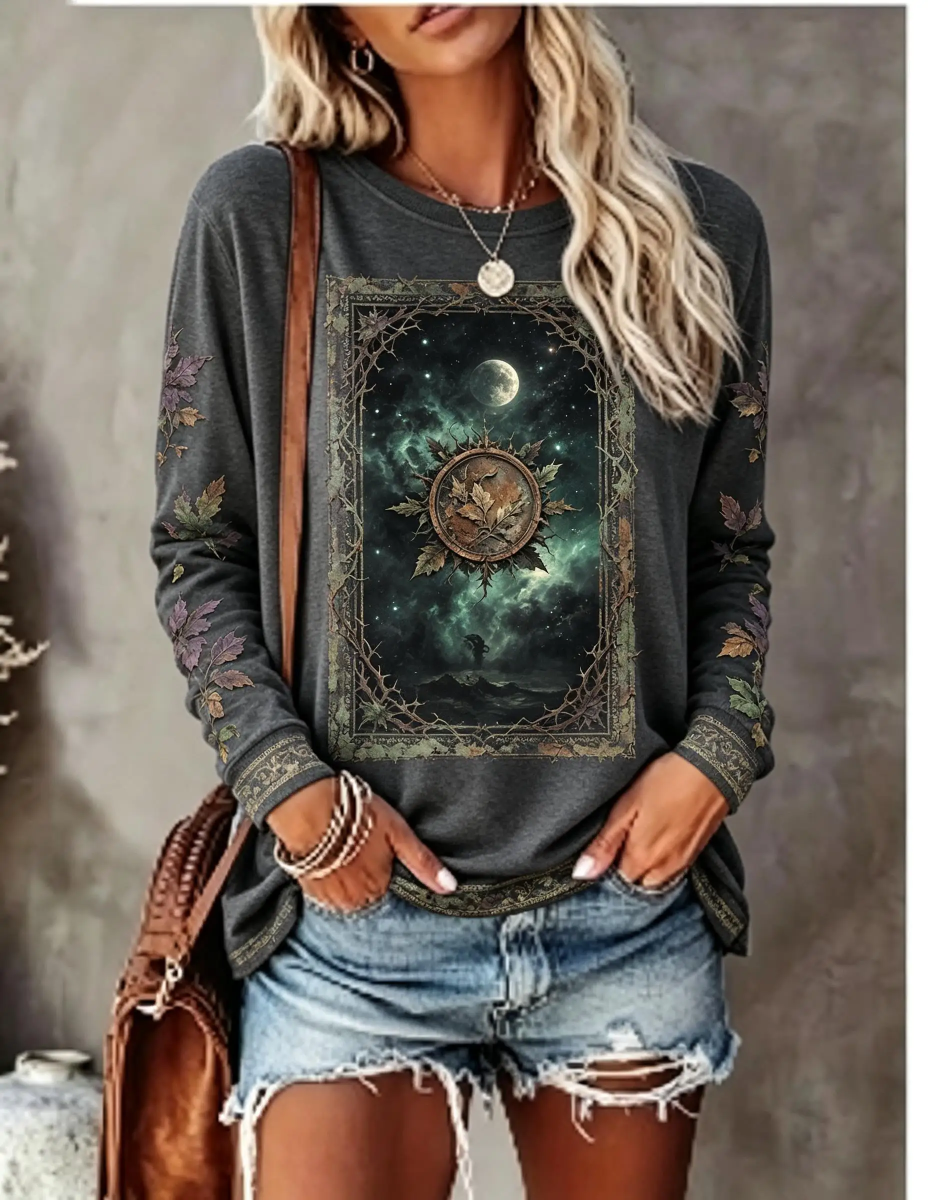 Women Crew Neck Long Sleeve Tops, Celestial Moon Star Maple Leaf Print Casual Loose T‑Shirt