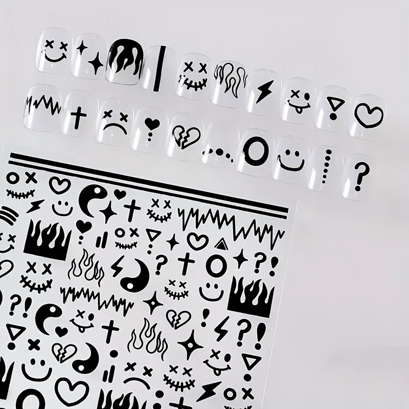 1Nail art adhesive stickers insBlack and white heart-shaped smiley face nail decoration stickers，Suitable for both men and women
