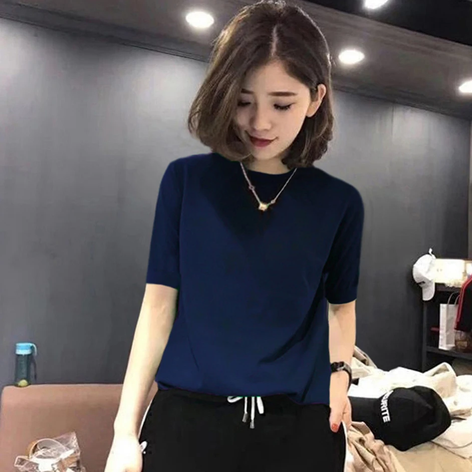 Black Ice Silk Knitted Top Women's Loose Fit mid Sleeve Base Layer Shirt Versatile Style Early Autumn New Arrival T-Shirt