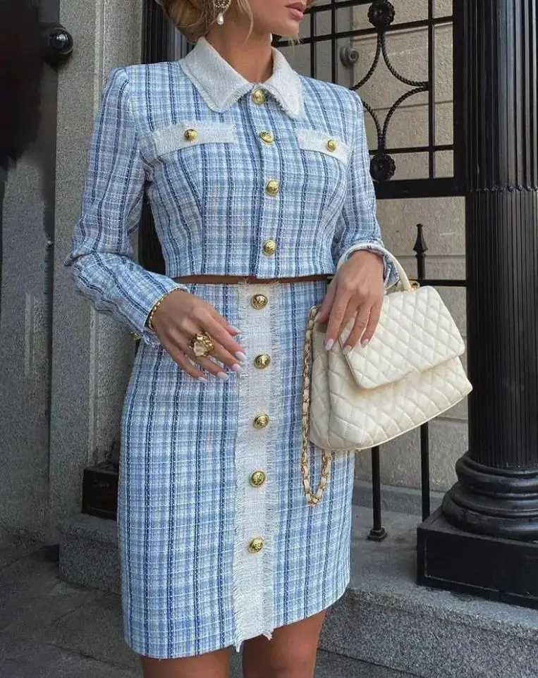 Women's Two Piece Elegant Plaid Print Tweed Buttoned Turn-down Collar Long Sleeve Coat Tops and High Waist Skinny Skirt Set