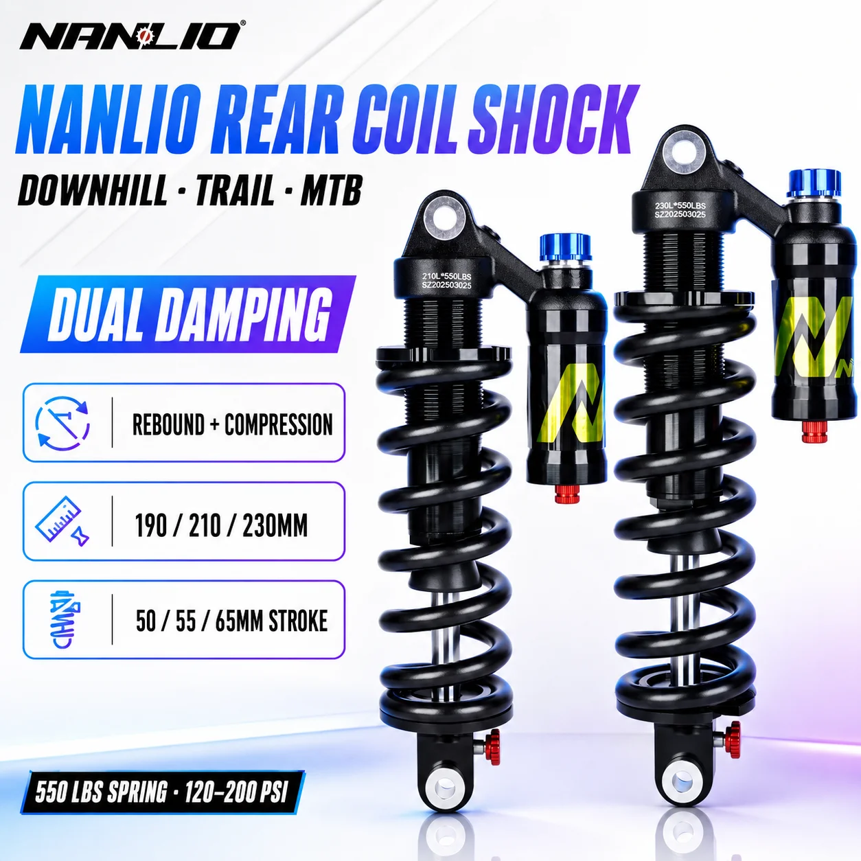 NANLIO Rear Coil Shock 190/210/230mm Dual Damping MTB Suspension Adjustable Rebound & Compression Downhill Trail Bike 550LBS