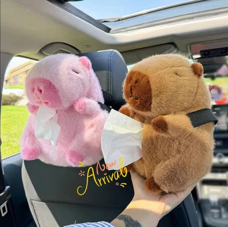 Creative Capybara Car Tissue Box Cartoon Doll Car Back Seat Hanging Tissue Bag Box Soft Plush Toy Car Decoration Supplies