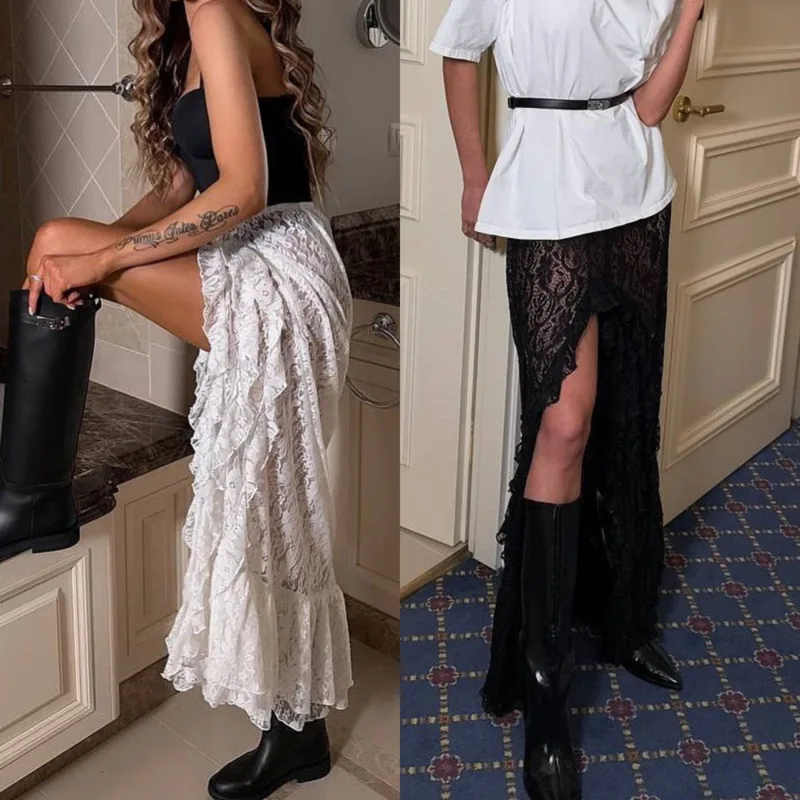 

Sexy Floral Lace Sheer Maxi Dress Asymmetrical Floral Ruffled High-waist Sheer Skirt Summer Beach Vacation Midi Skirt For Women