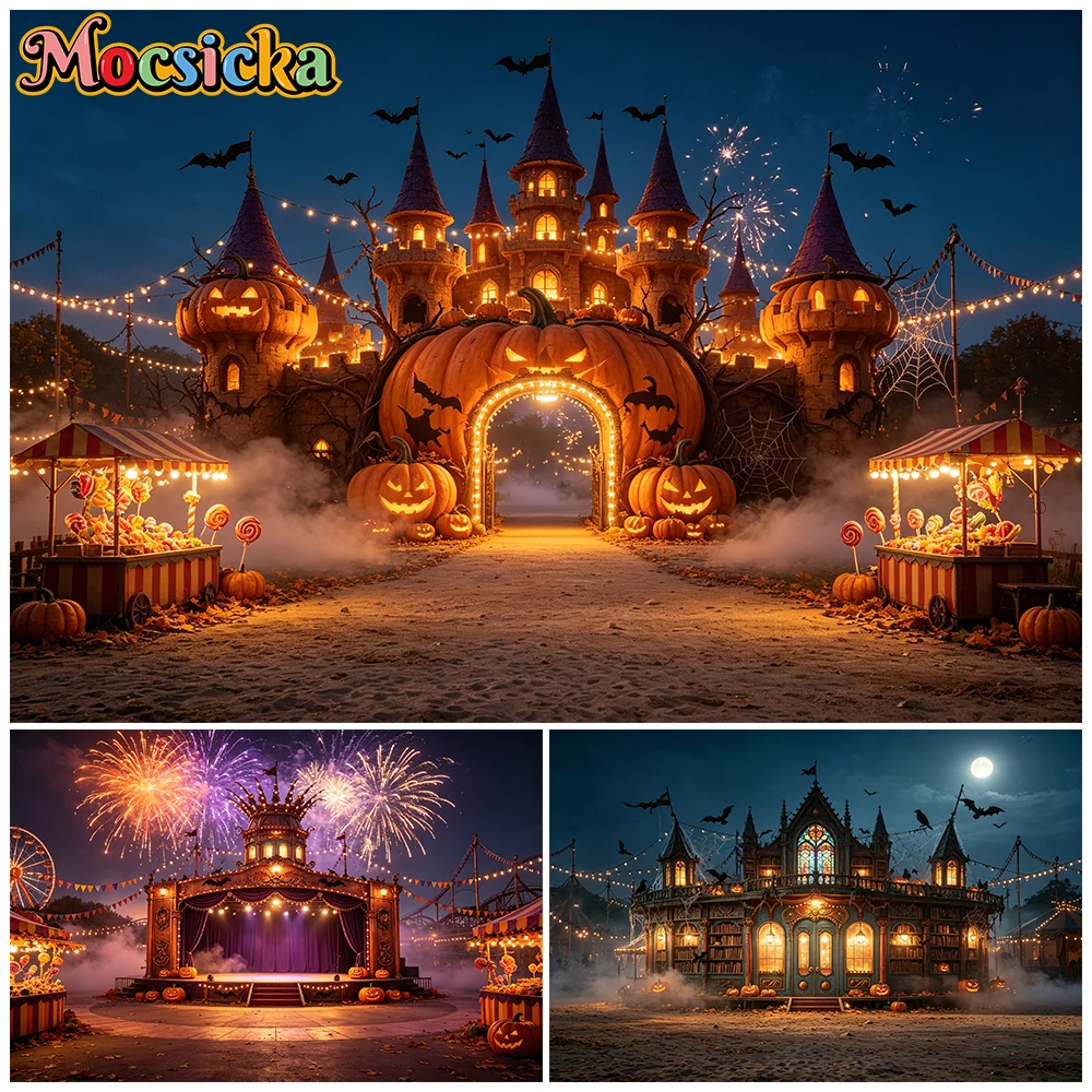 Mocsicka Halloween Pumpkin Castle Photography Backdrop Spooky Carnival Night Scene Candy Stall Photobackground Studio Photoshoot