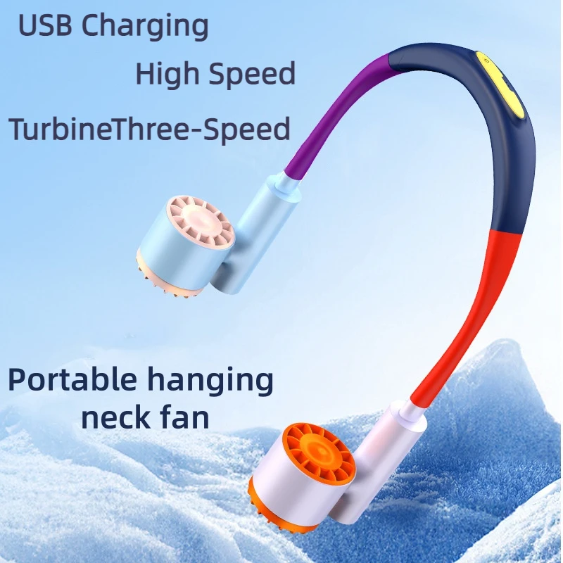 

Color Portable Hanging Neck Fan USB Charging High Speed Turbine Three-Speed Adjustable Angle Double Head Outdoor Mini Fan