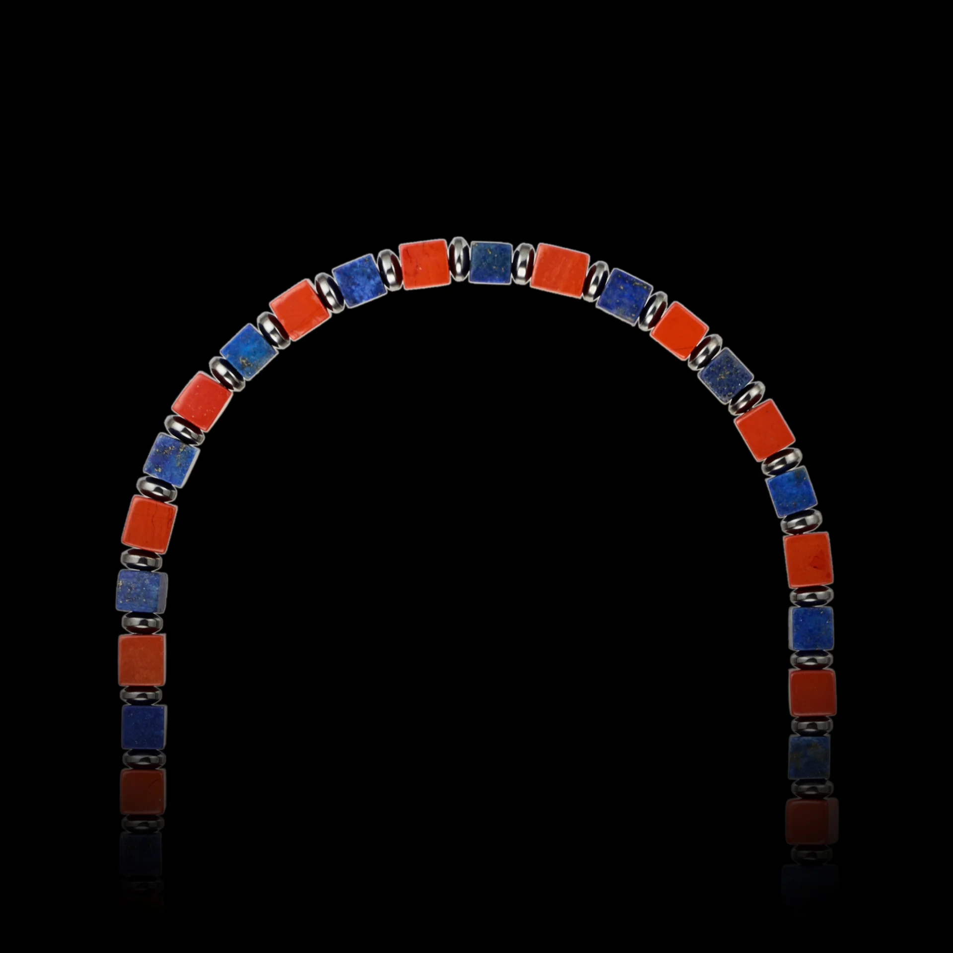 Unisex 4mm Lapis Lazuli Red Stone Square Beads Necklace Vintage Metal Spacers Color Block Fashion Jewelry for Men Women
