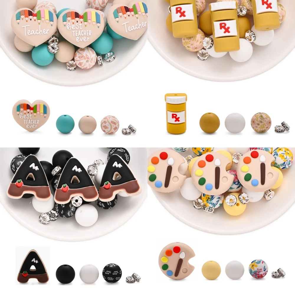 

15Pcs Teachers' Day Series Silicone Beads Solid Color Printing Round Beads For DIY Pacifiers Clip Keychain Pen Accessories