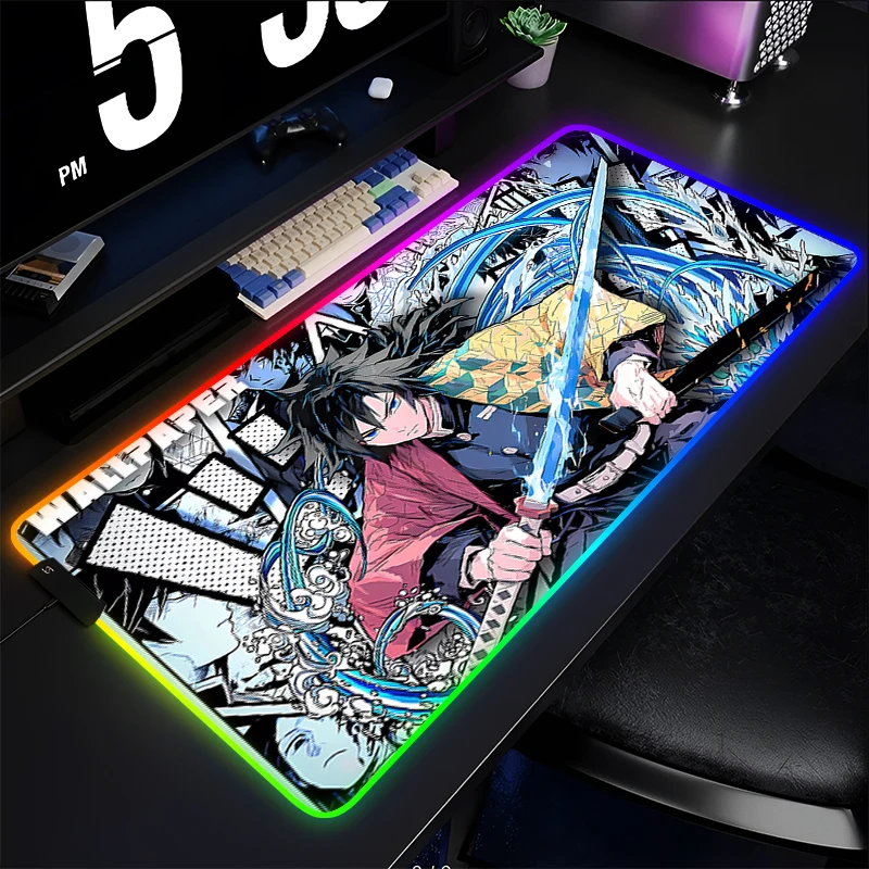 

RGB Mouse Pad Anime Gaming Accessories Varmilo Keyboard Pad LED Desk Mat Demon Slayer Tomioka Giyuu Gamer Mousepad HD Mouse Mat