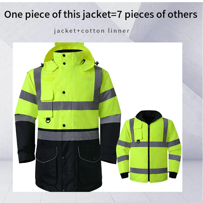 Safety Jacket Reflective Waterproof Windproof Coldproof Hi Vis 7 in 1 Parka Windbreaker Workwear with Detachable Cotton Linner