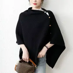 Warm Knitted Plain Color Scarf Thick Single Breasted Wool Shawl Wrap Women Cape Open Side Woven Cardigan Poncho Stole