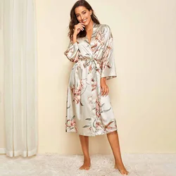 2024 Satin Nightgown Women's Fashion Light Luxury Style Nightgown Women's Spring/Summer Thin Printed Home Furnishing Outer Robe