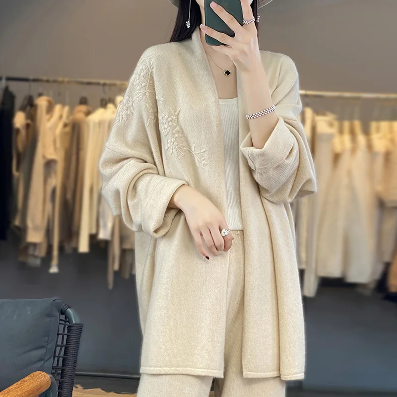 

Long-Sleeved V-Neck Cardigan for Female, 100% Cashmere, Hand-Embroidered Coat, Loose and Lazy Wind Sweater, Shawl