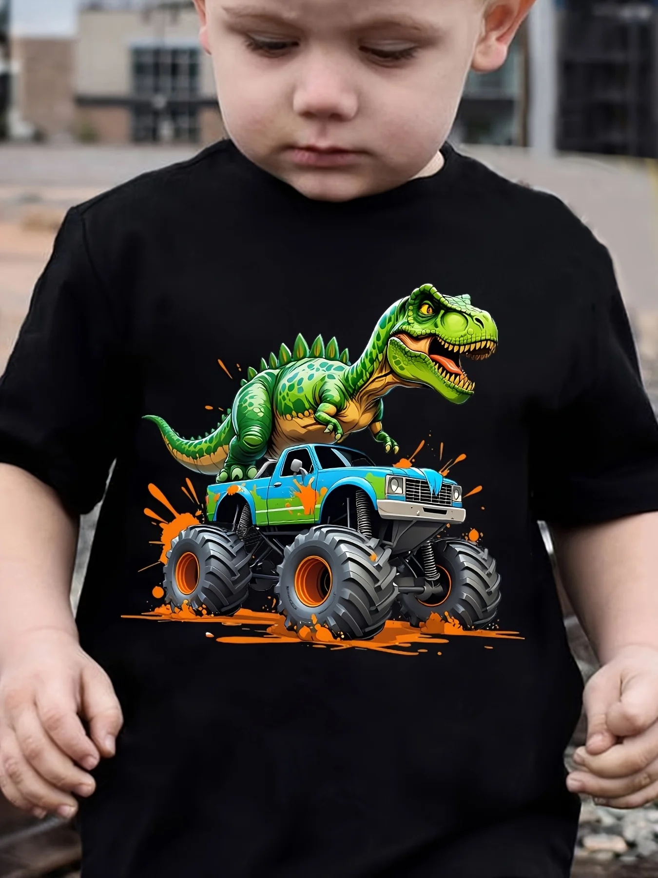 Green T Rex Dinosaur Monster Truck Splash Print Family Matching Cotton Tees Short Sleeve Tops For Mom Dad Boys Girls Daily Wear