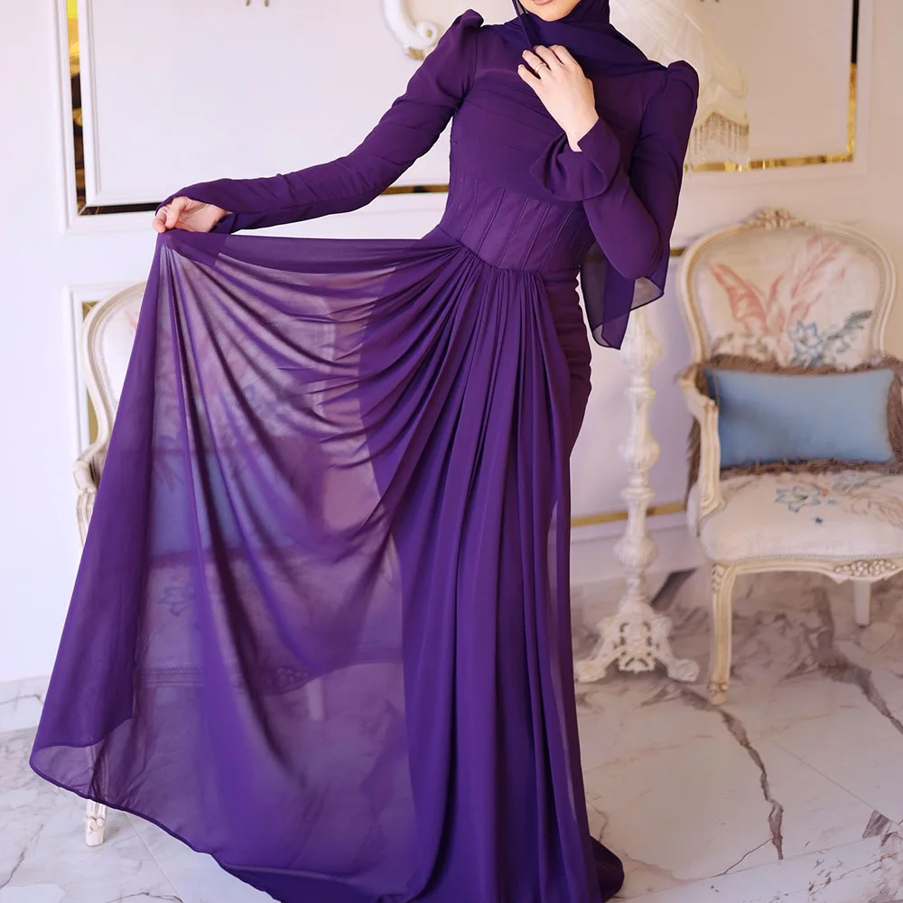 

Индивидуальные платья для выпускного вечера трапециевидной формы длиной до пола, с высоким воротом и длинными рукавами, вечернее платье, простое модное драпированное повседневное вечернее платье