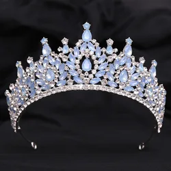 Silver Color Blue Opal Wedding Crown Princess Headdress Crystal Bridal Tiaras Rhinestone Diadem Wedding Hair Jewelry Accessories