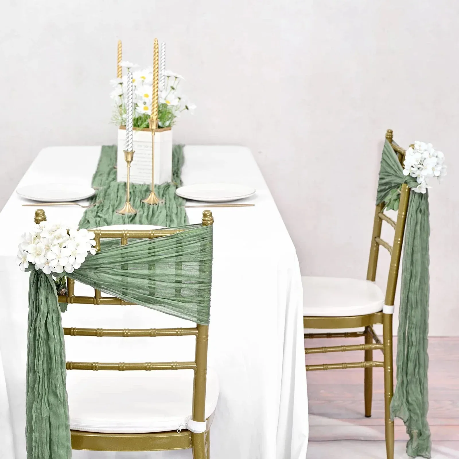 6pcs Boho Crinkled Voile Cheesecloth Chair Sashes Sheer Chair Covers Bows For Party Wedding Event Aisle Decoration