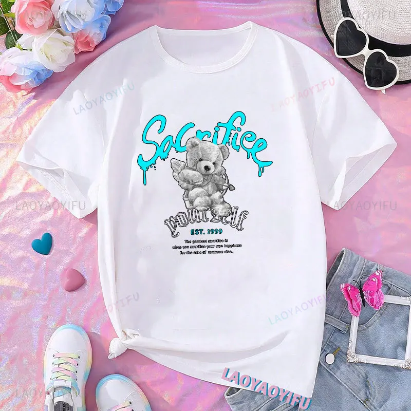 Kawaii Teddy Bear Nice Guy Prints Woman Short Sleeve Street Outdoors T-Shirts Loose Cotton Clothing Casual Breathable Tees