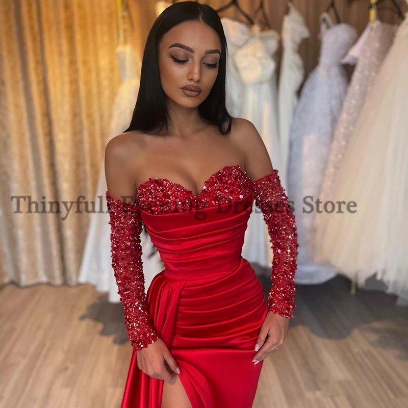 Thinyfull 2023 Red Mermaid Prom Avondjurken Sweetheart Sequines Party Dress Hoge Split Floor Lengte Cocktail Jurken Plus Size