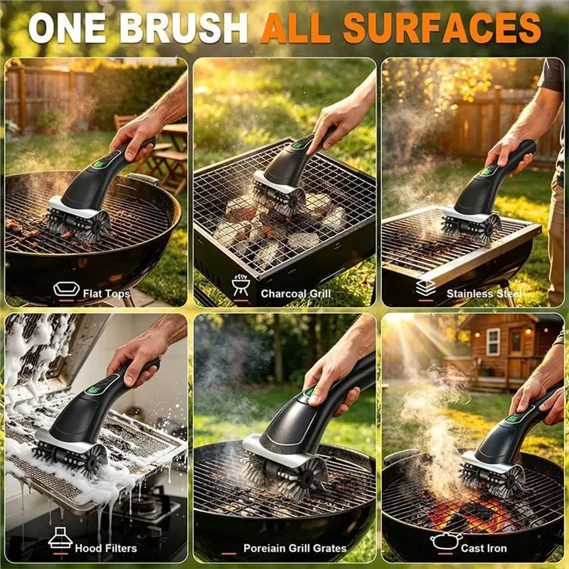 ABRU-For Outdoor Barbecue Grates Cleaning Rechargeable BBQ Grill Cleaner Long Handle Grill Brush