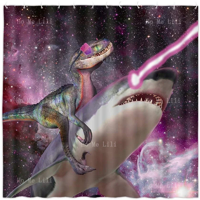 Velociraptor Laser Shark Space Funny Dinosaur In Galaxy Space Whimsical Shower Curtain Kids Bathroom Accessories