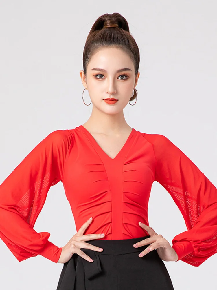 V-neck Latin Dance Playsuits 2025 Adult Woman Disguise Evening Jazz Long Sleeves Competition Dancewear Top Women Halloween