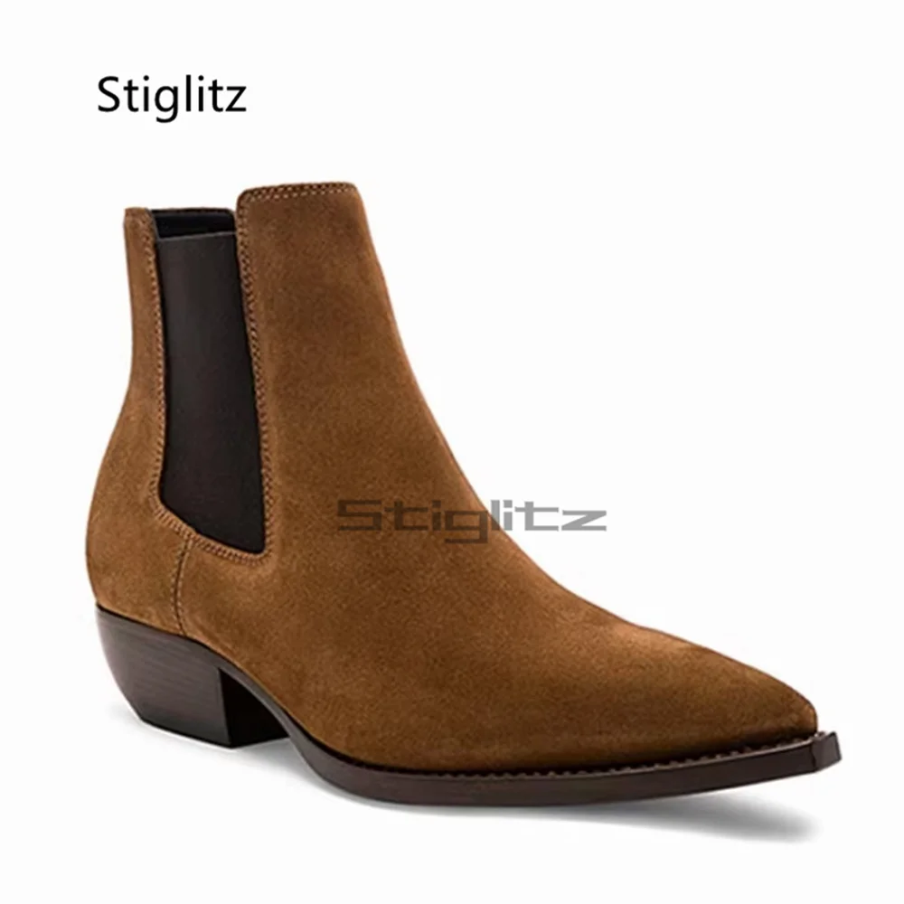 Men's Retro Brown Suede Chelsea Boots Pointed Toe Slip On Short Stretch Boot Block Heel British Western Casual Dress Shoes