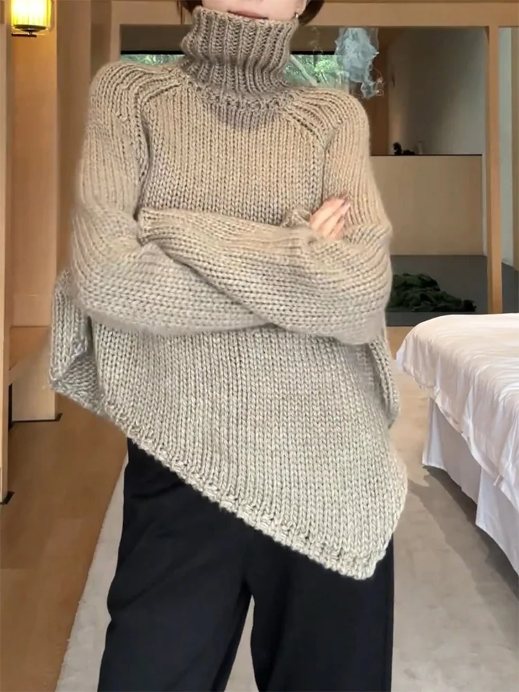 

Korean Sle High Collar Asymmetrical Knitwear plus Size Versatile Slimming Top for Autumn Winter Snow Dreng Mysterious Co...