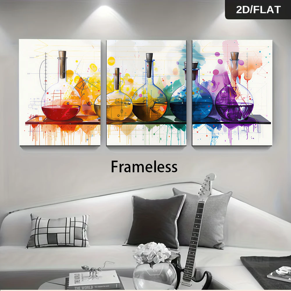 1 Set Modern Abstract Frameless Triptych Decorative Art – Rainbow-Colored Splash Art Featuring Scientific Flasks (2D Flat Design