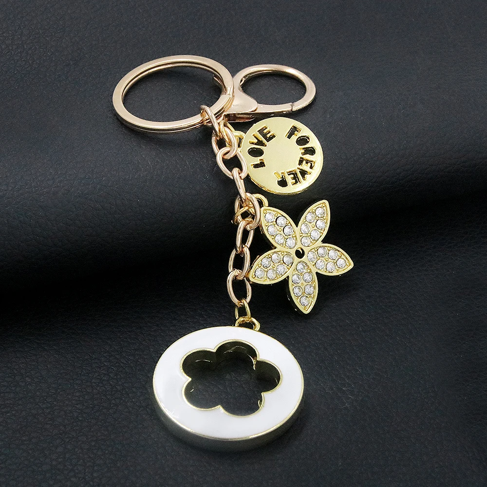 Flower Clover Keychain Pendants letter Love Forever Rhinestone Pendant KeyRings For Women Purse Backpack Exquisite Jewelry