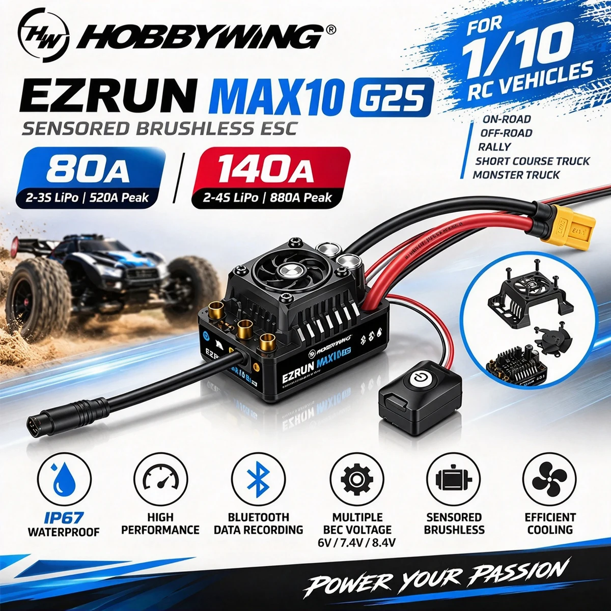 HOBBYWING EZRUN MAX10 G2S 80A 140A ESC Sensored Brushless ESC 2-4S Waterproof for 1/10 RC Off-Road Buggy Monster Truck Rally Car