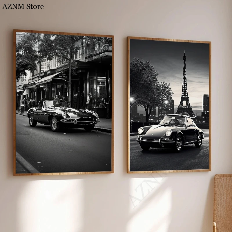 Schwarz-weißes Retro-Poster von 1962, GTO, Luxus-Sportwagen, Eiffelturm, Paris, Leinwandgemälde, Wandkunst für Wohnzimmer, Heimdekoration