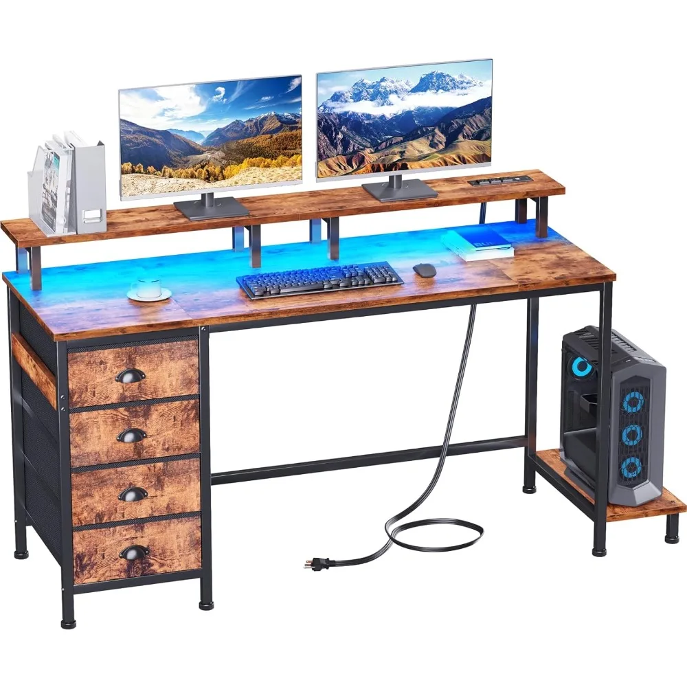 

55 Inch Computer Desk Gaming with 4 Fabric Drawers with Power Outlets and LED Lights for Home Office with Full Monitor Stand an