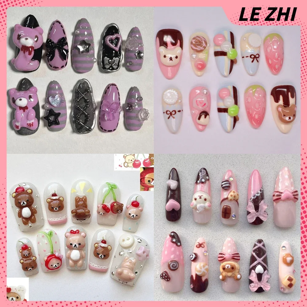

3D Kawaii Rilakkuma Cartoon Press On Nails Bear Handmade Y2K Almond Square Can Be Customized Fake Nails Girls Birthday Gift