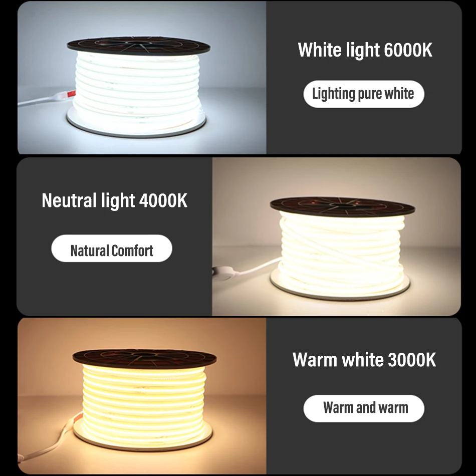 COB Led Strip Light AC 220V With Switch Power Plug 360LED/m Waterproof RA 90 High Brightness 3000K 4000K 6000K Flexible Ribbon