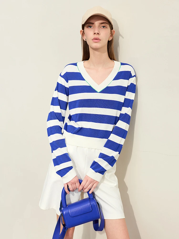 Amii Minimalism 2024 Spring Knit Sweaters For Women New High Stretch Contrast Color Stripe V-neck Loose Short Pullovers 12411016